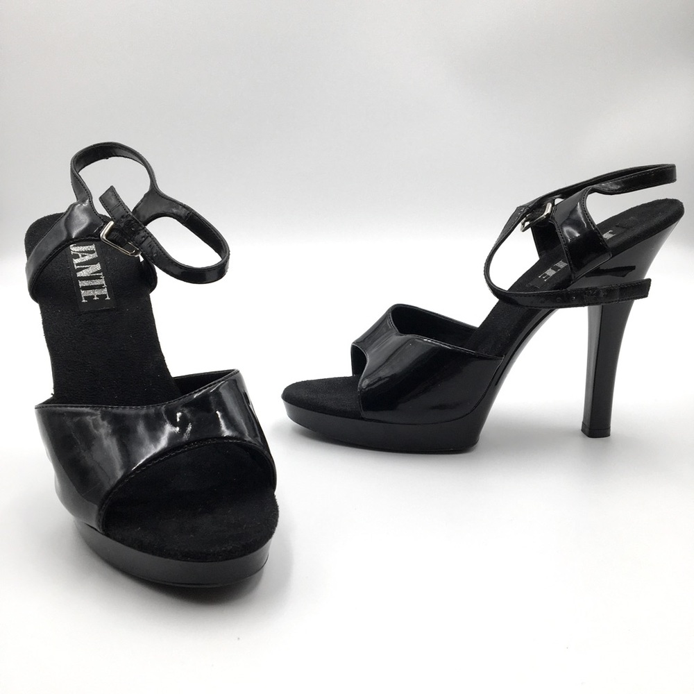 5” Jante Black Faux Patent Open Toe Size 10 Heels 👠 Loved and Worn